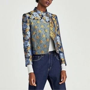 Zara Multicolor Patchwork Structured Floral Moto Jacket